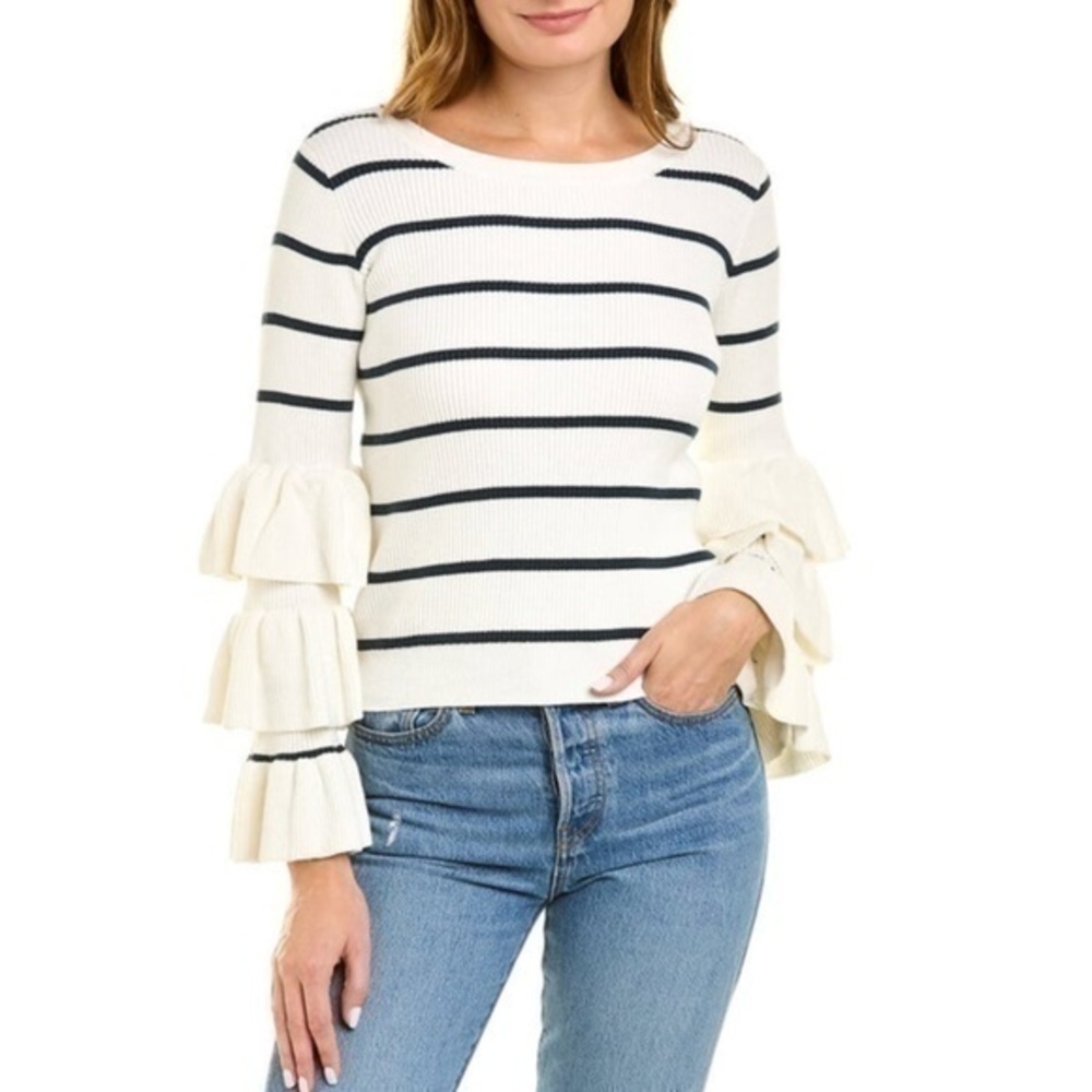 Chaser Ribbed Navy Cream Striped Tiered Ruffle Sleeve Sweater Cotton Size Medium